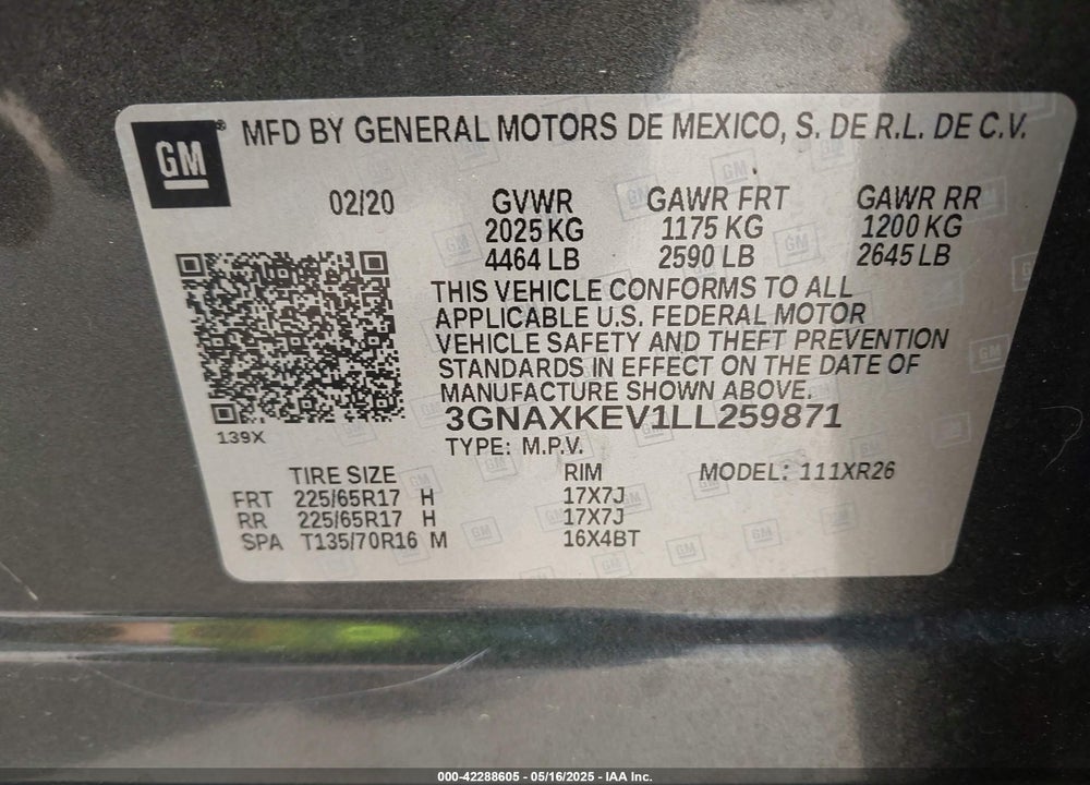 2020 CHEVROLET EQUINOX VIN: 3GNAXKEV1LL259871
