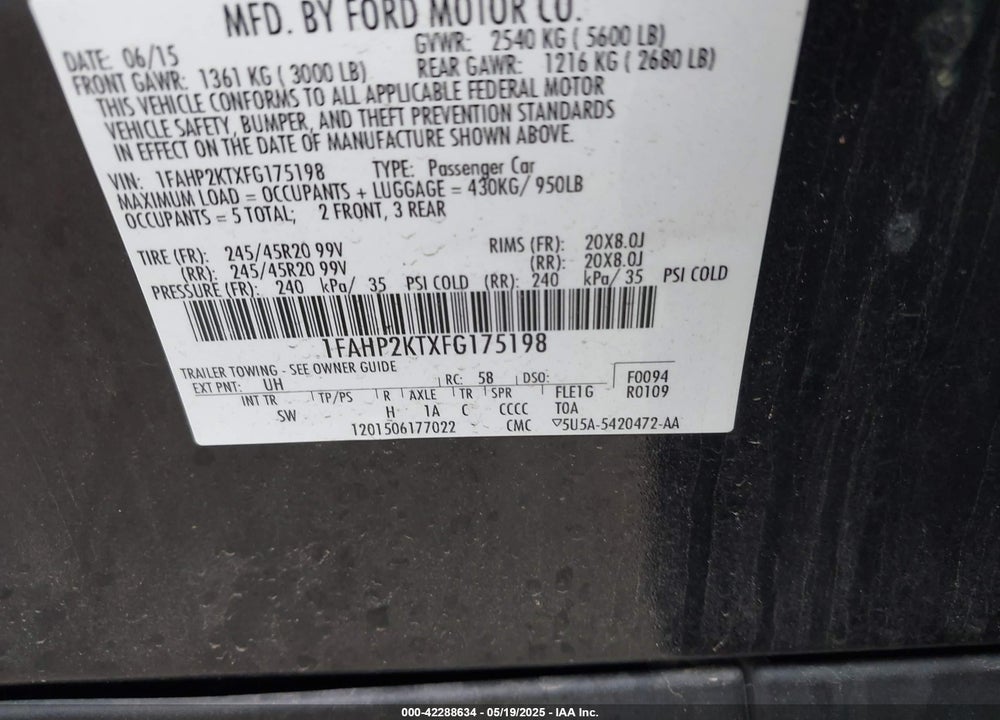 2015 FORD TAURUS VIN: 1FAHP2KTXFG175198