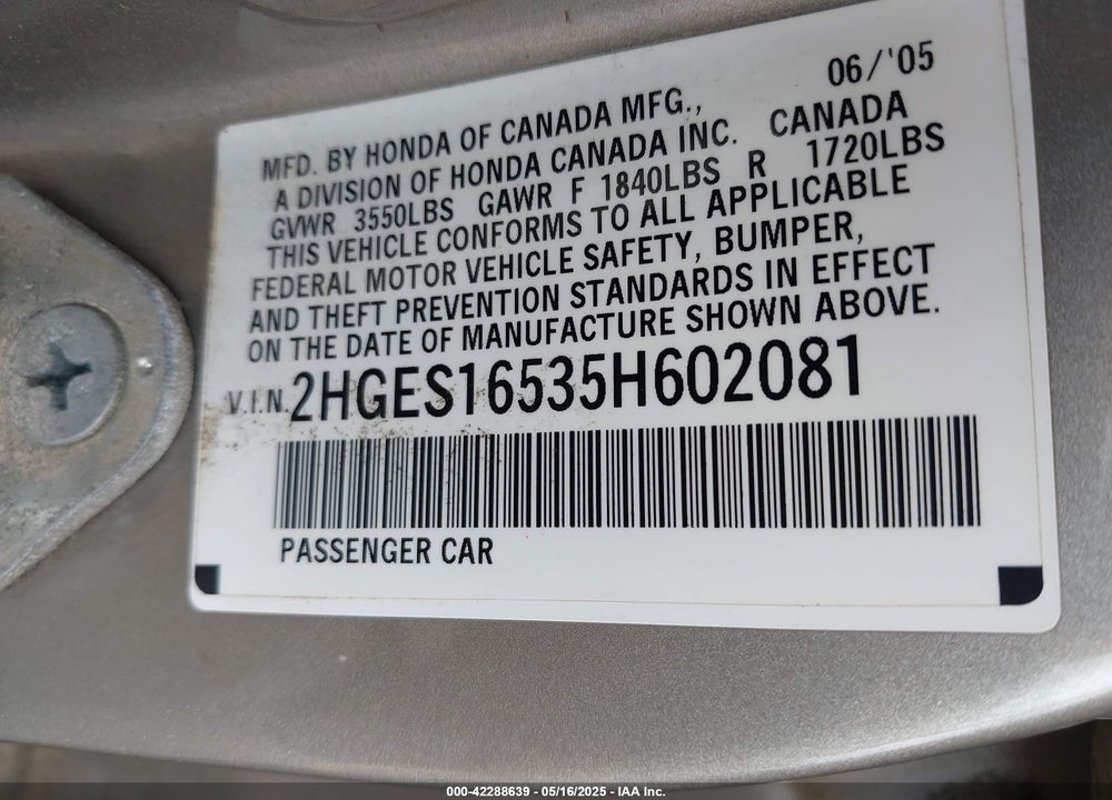 2005 HONDA CIVIC LX VIN: 2HGES16535H602081