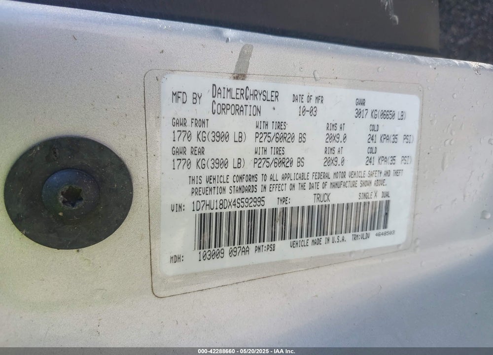 2004 DODGE RAM 1500 SLT/LARAMIE VIN: 1D7HU18DX4S592995