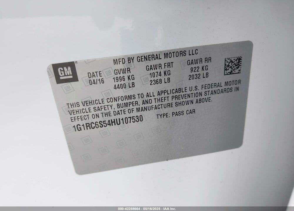 2017 CHEVROLET VOLT VIN: 1G1RC6S54HU107530