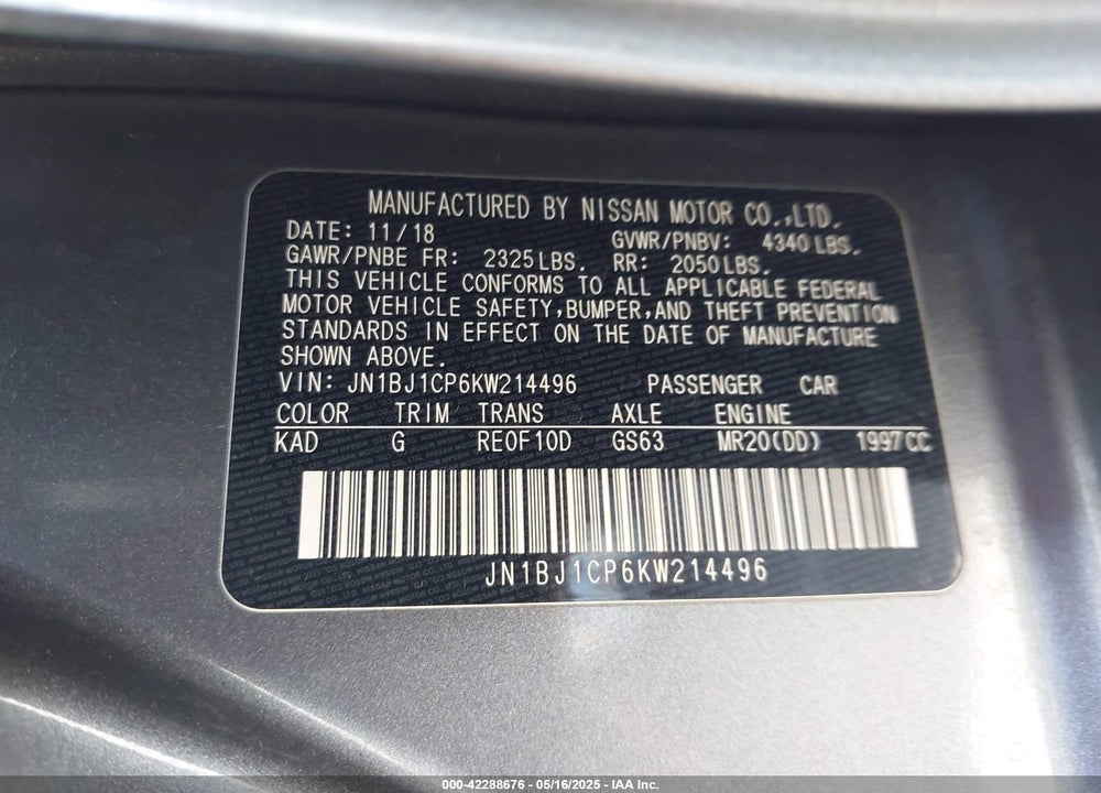 2019 NISSAN ROGUE SPORT VIN: JN1BJ1CP6KW214496