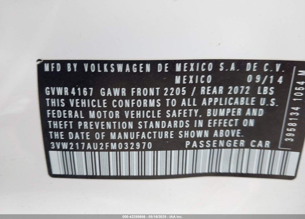 2015 VOLKSWAGEN GOLF TSI S 4-DOOR VIN: 3VW217AU2FM032970