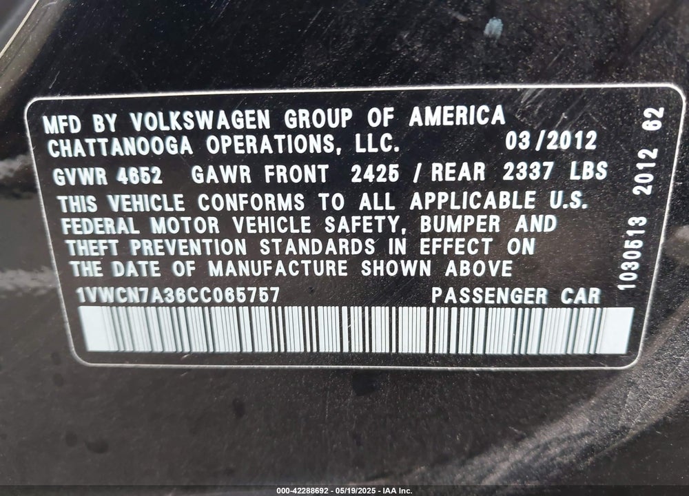 2012 VOLKSWAGEN PASSAT VIN: 1VWCN7A36CC065757