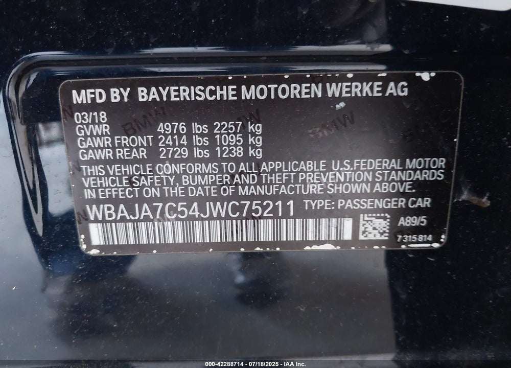 2018 BMW 5 SERIES VIN: WBAJA7C54JWC75211
