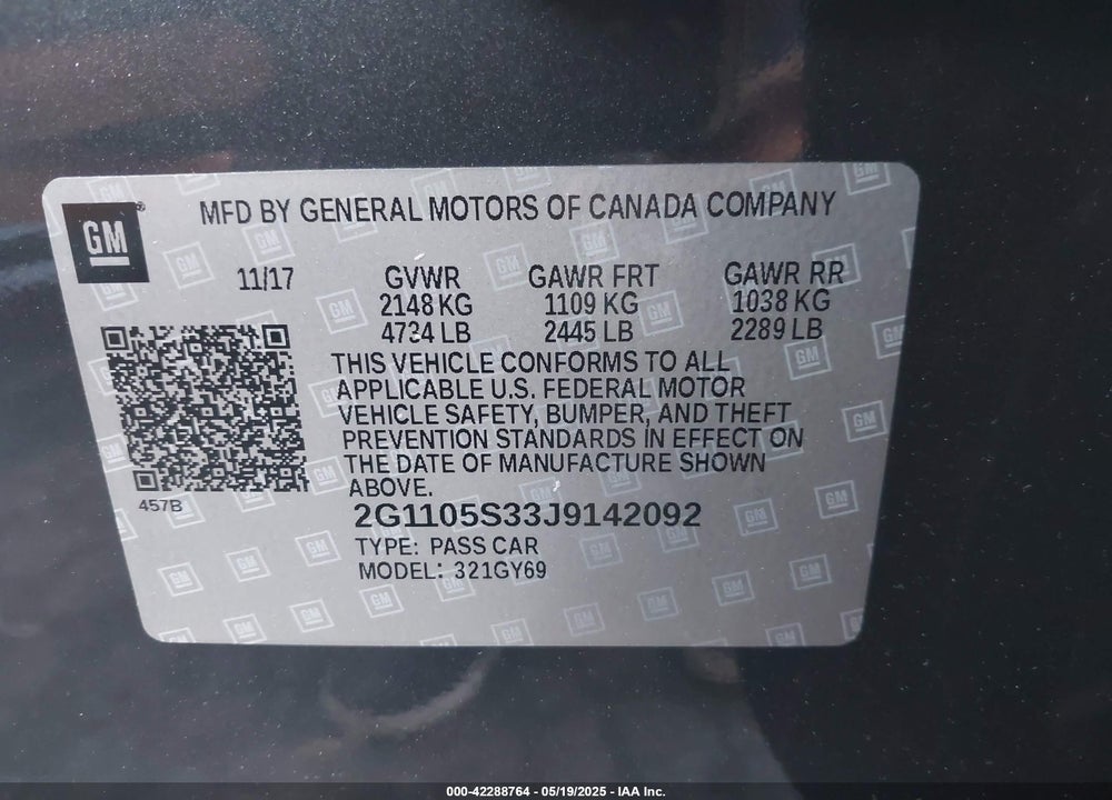 2018 CHEVROLET IMPALA VIN: 2G1105S33J9142092