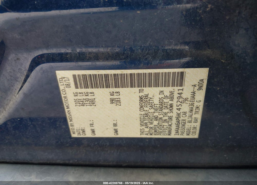 2017 NISSAN MAXIMA VIN: 1N4AA6AP6HC452941