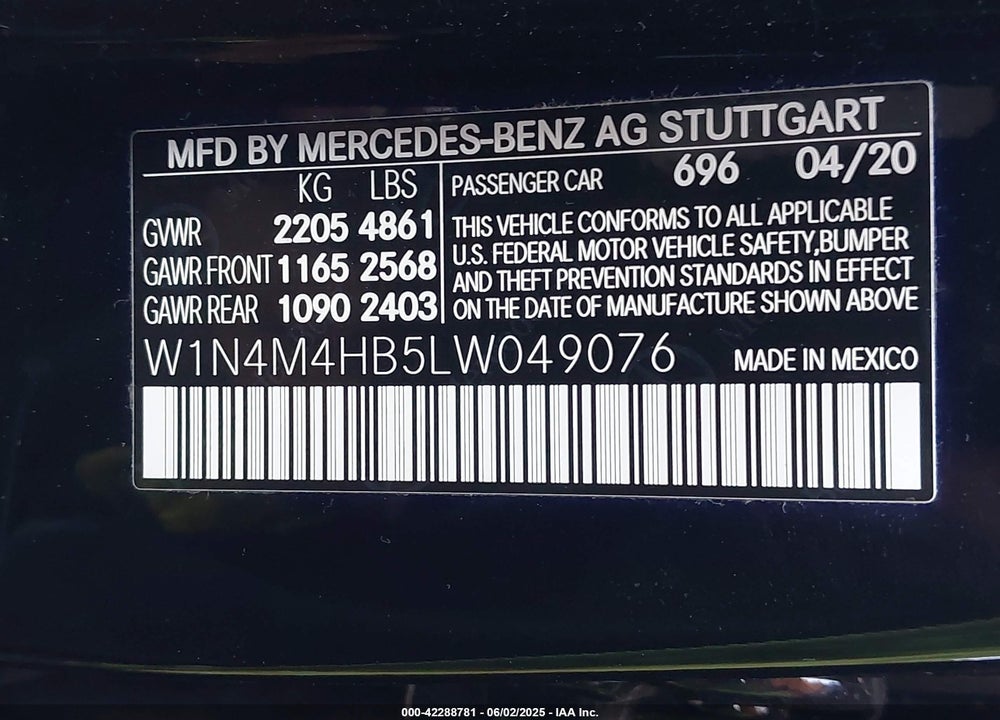 2020 MERCEDES-BENZ GLB 250 VIN: W1N4M4HB5LW049076