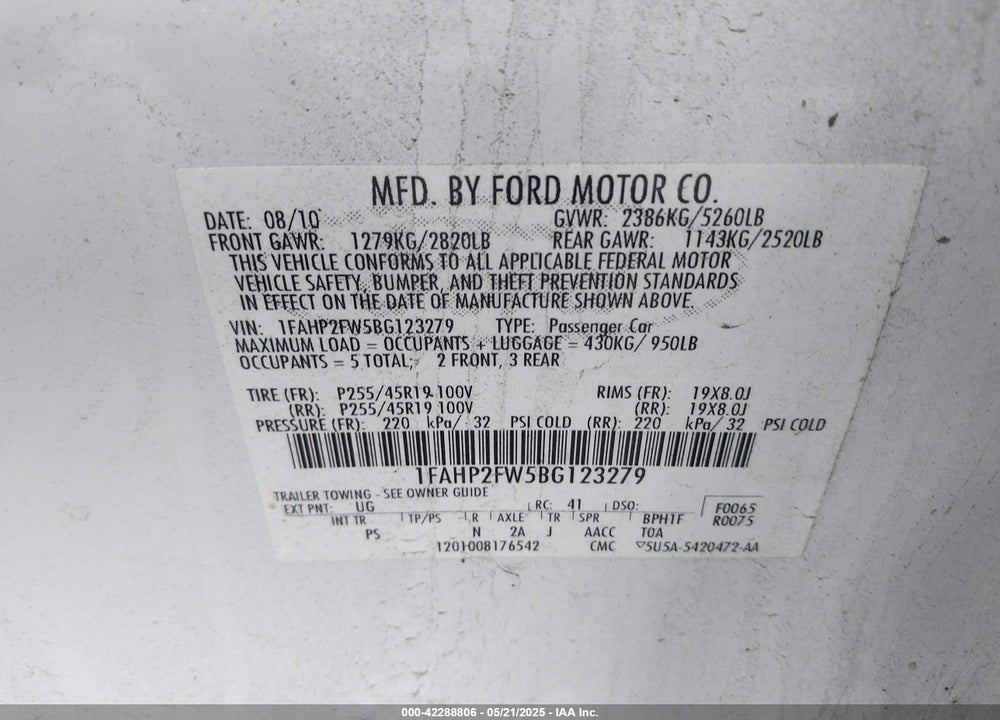 2011 FORD TAURUS LIMITED VIN: 1FAHP2FW5BG123279
