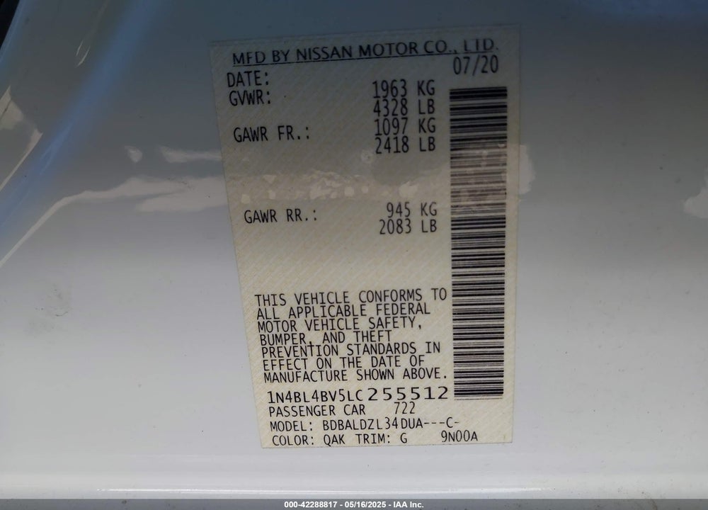 2020 NISSAN ALTIMA VIN: 1N4BL4BV5LC255512