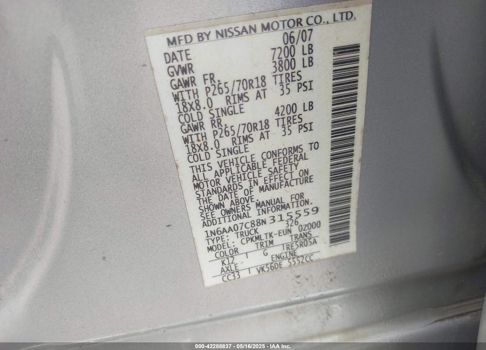 2008 NISSAN TITAN VIN: 1N6AA07C88N315559