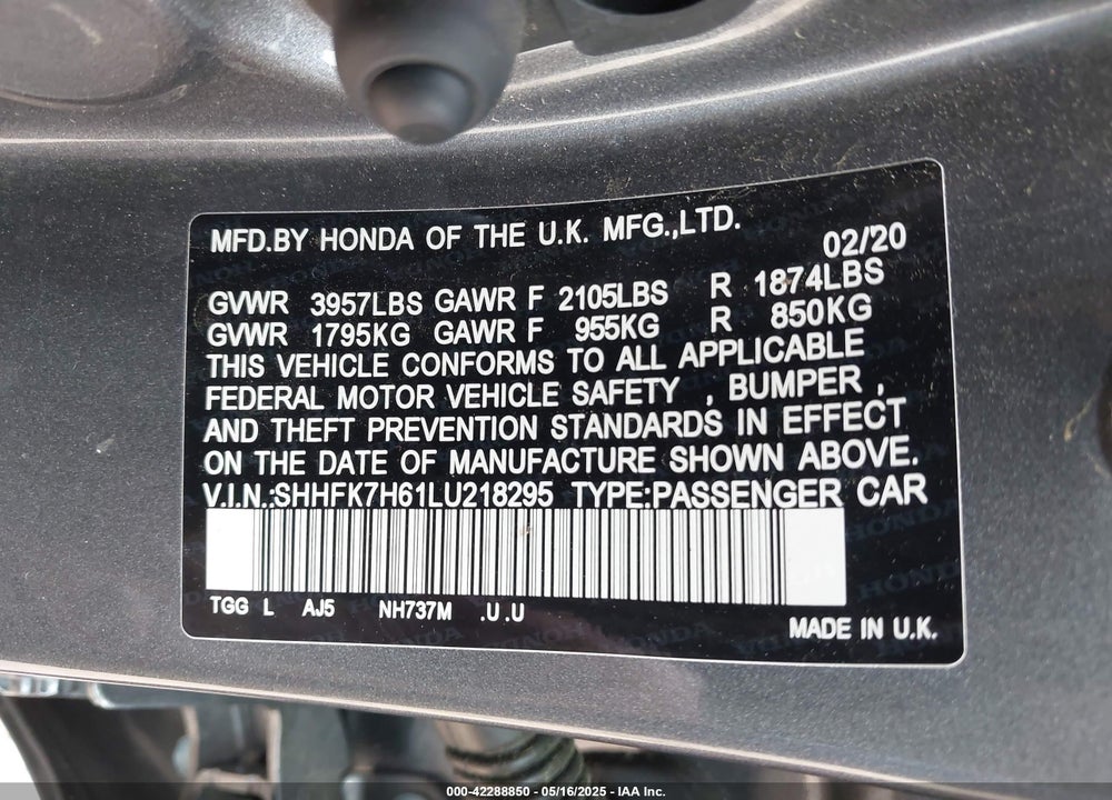2020 HONDA CIVIC VIN: SHHFK7H61LU218295