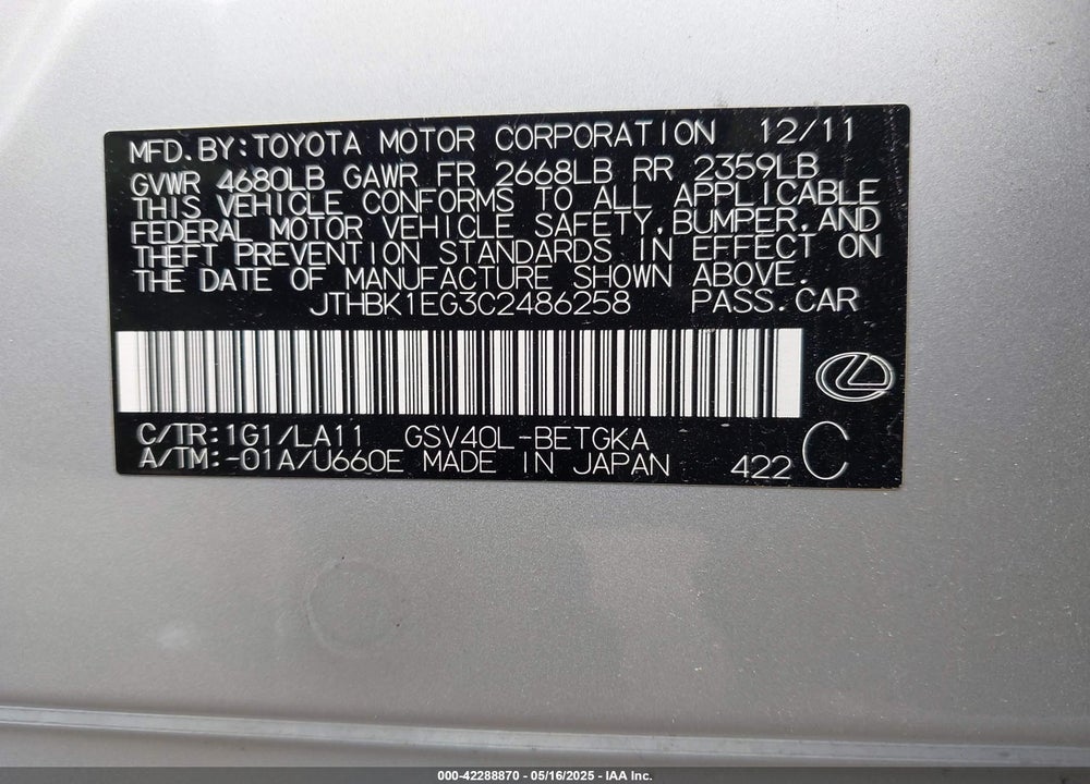 2012 LEXUS ES 350 VIN: JTHBK1EG3C2486258