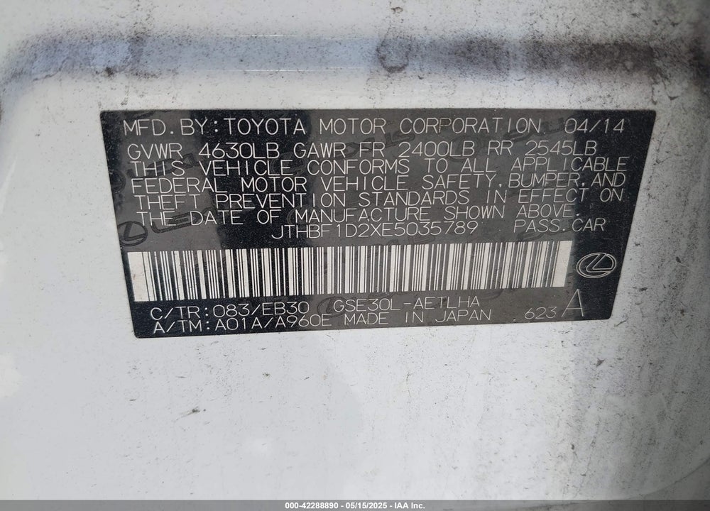 2014 LEXUS IS 250 VIN: JTHBF1D2XE5035789