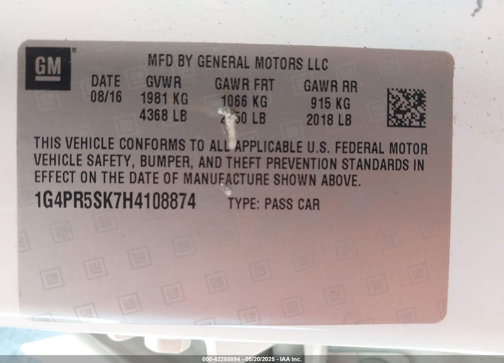 2017 BUICK VERANO VIN: 1G4PR5SK7H4108874