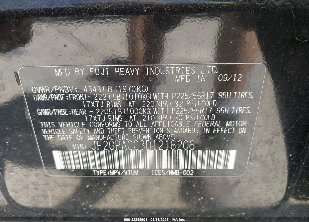 2013 SUBARU XV CROSSTREK VIN: JF2GPACC3D1216206