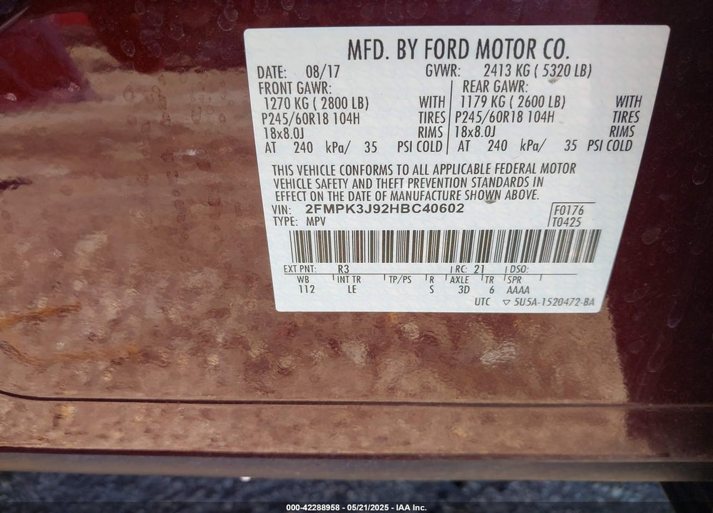 2017 FORD EDGE VIN: 2FMPK3J92HBC40602