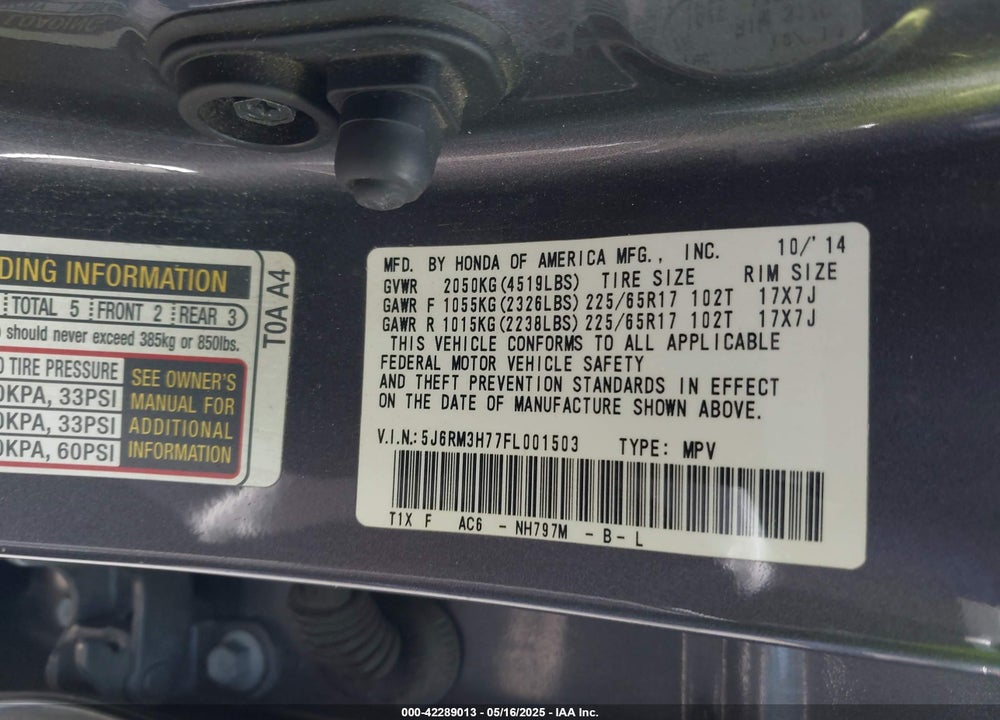 2015 HONDA CR-V EX-L VIN: 5J6RM3H77FL001503