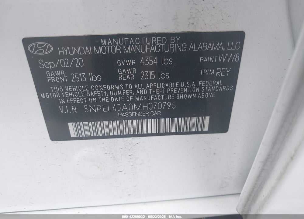 2021 HYUNDAI SONATA VIN: 5NPEL4JA0MH070795