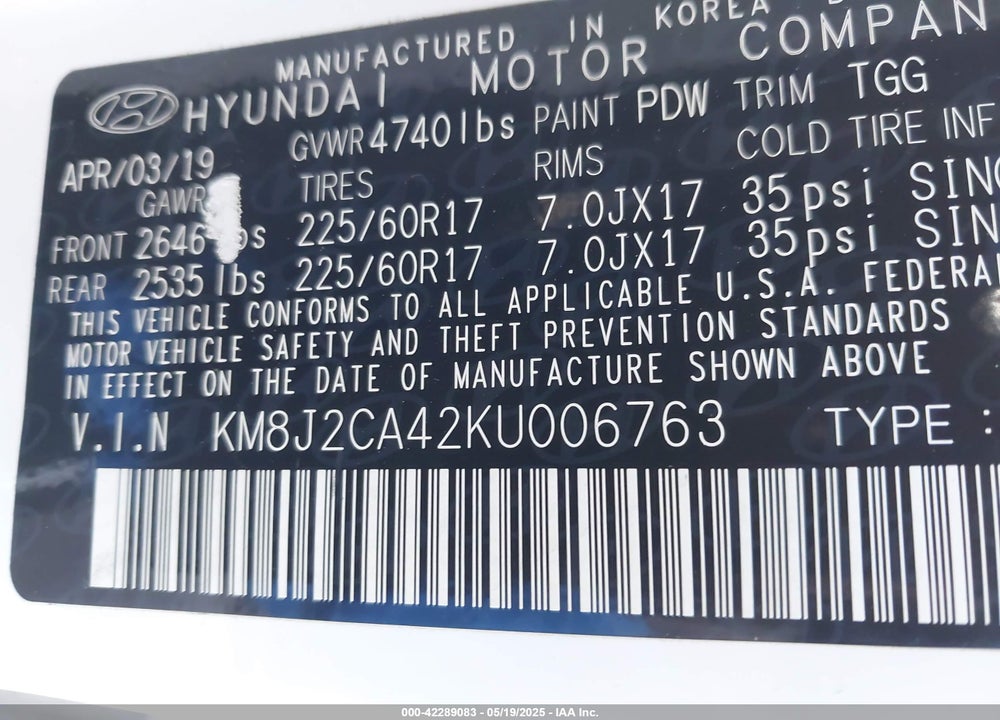 2019 HYUNDAI TUCSON VIN: KM8J2CA42KU006763