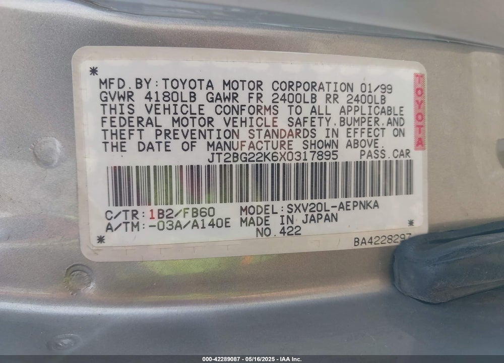 1999 TOYOTA CAMRY LE VIN: JT2BG22K6X0317895