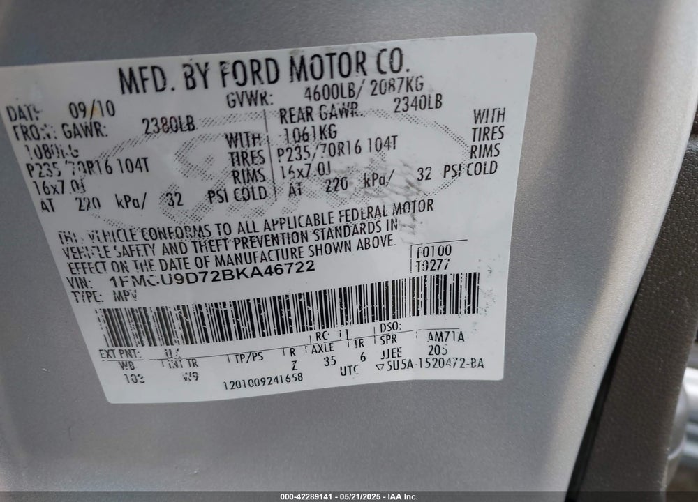 2011 FORD ESCAPE VIN: 1FMCU9D72BKA46722