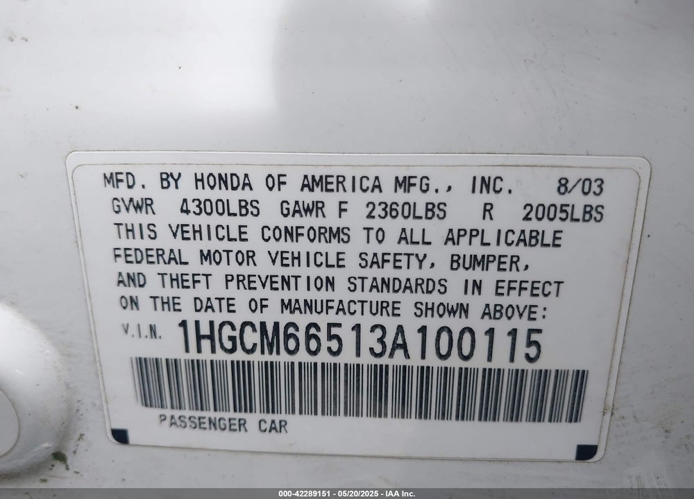 2003 HONDA ACCORD 3.0 EX VIN: 1HGCM66513A100115