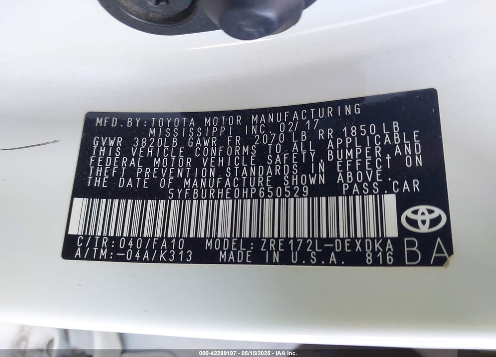 2017 TOYOTA COROLLA VIN: 5YFBURHE0HP650529