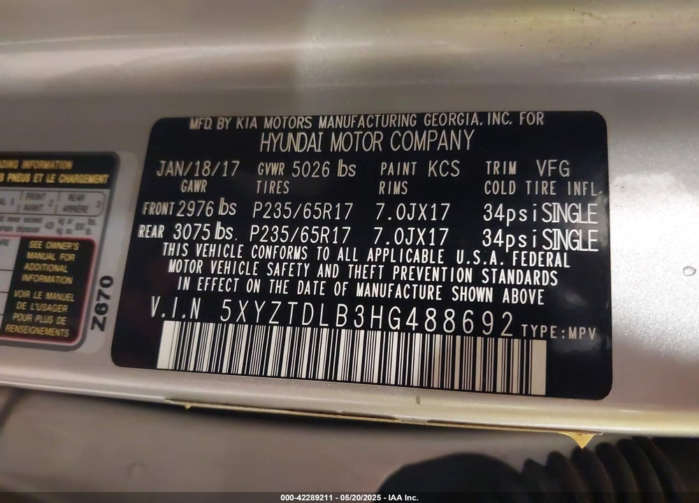 2017 HYUNDAI SANTA FE SPORT 2.4L VIN: 5XYZTDLB3HG488692