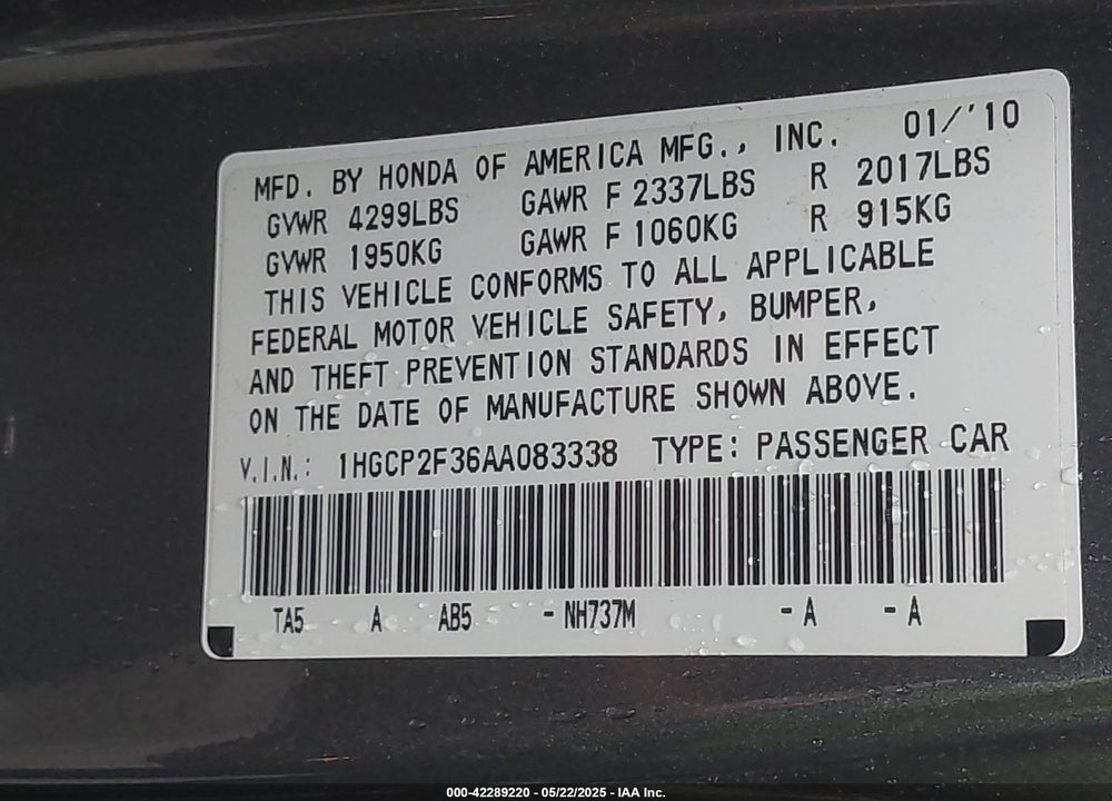 2010 HONDA ACCORD VIN: 1HGCP2F36AA083338
