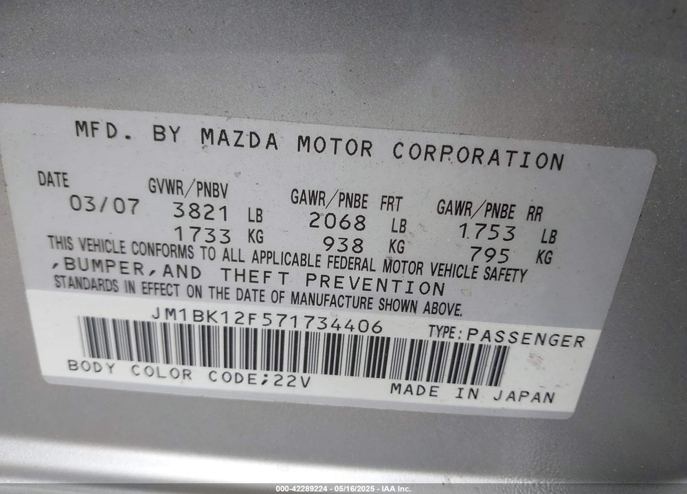 2007 MAZDA 3 VIN: JM1BK12F571734406