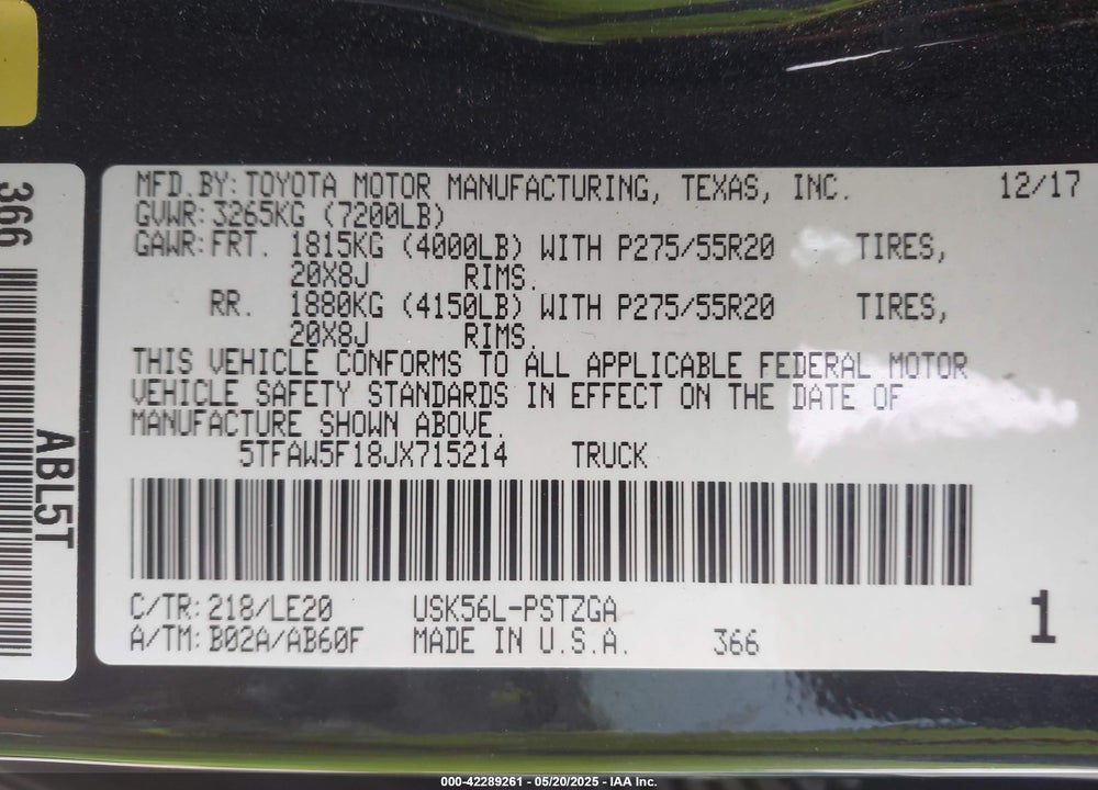 2018 TOYOTA TUNDRA PLATINUM 5.7L V8 VIN: 5TFAW5F18JX715214