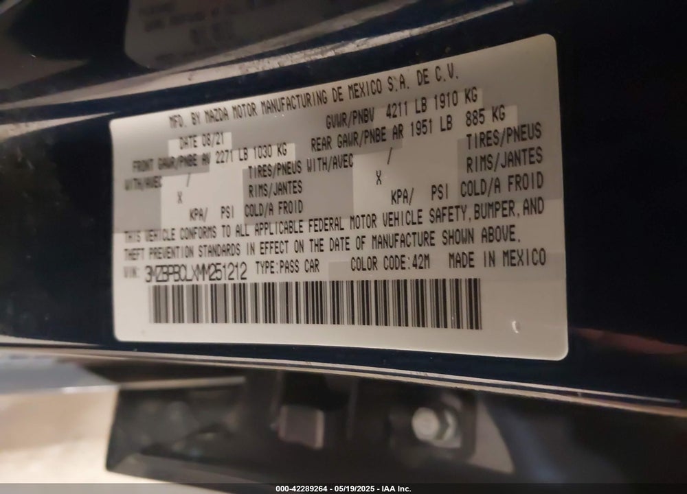 2021 MAZDA 3 PREFERRED VIN: 3MZBPBCLXMM251212
