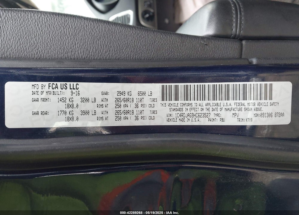 2017 DODGE DURANGO VIN: 1C4RDJAG9HC623527