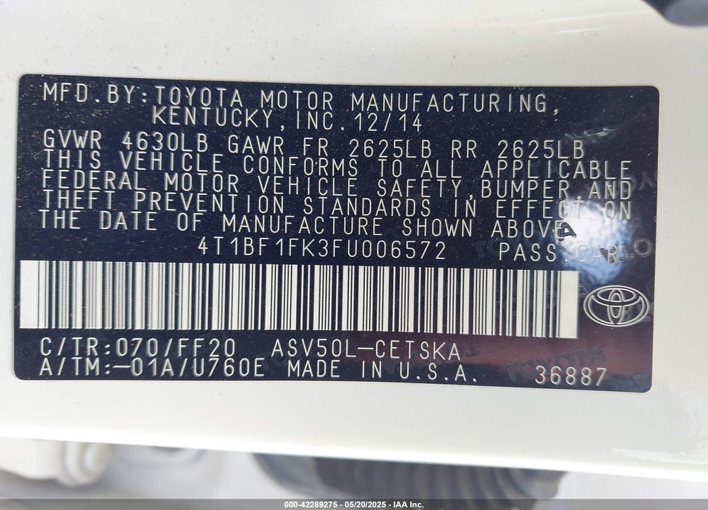 2015 TOYOTA CAMRY SE VIN: 4T1BF1FK3FU006572
