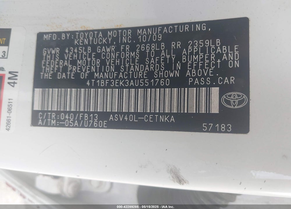2010 TOYOTA CAMRY VIN: 4T1BF3EK3AU551760