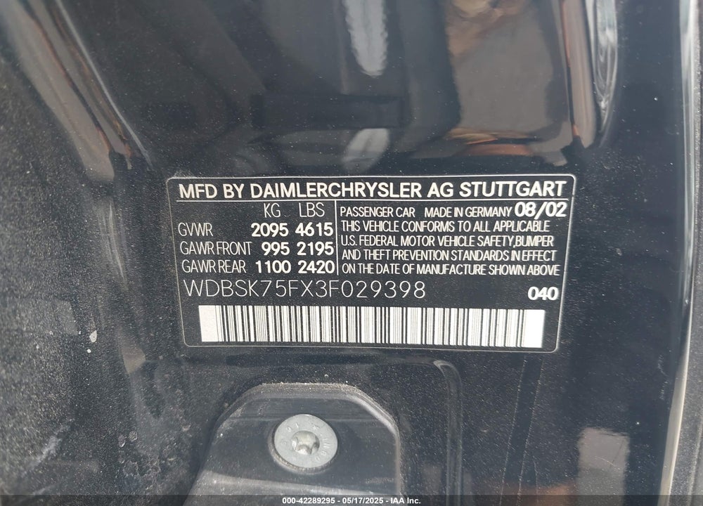 2003 MERCEDES-BENZ SL 500 VIN: WDBSK75FX3F029398