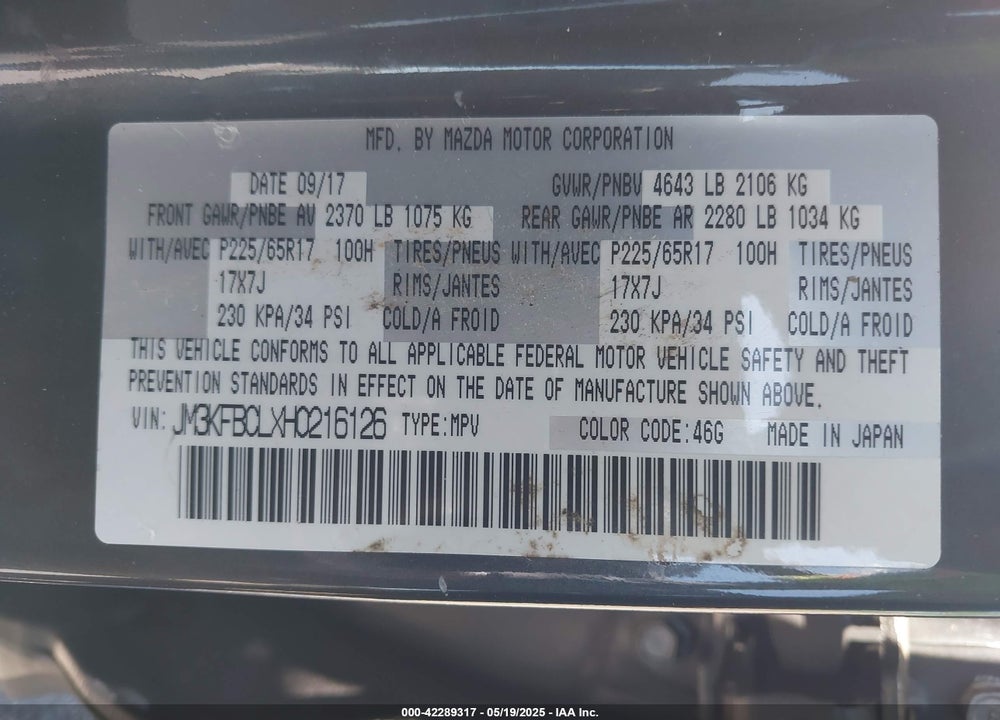 2017 MAZDA CX-5 TOURING VIN: JM3KFBCLXH0216126