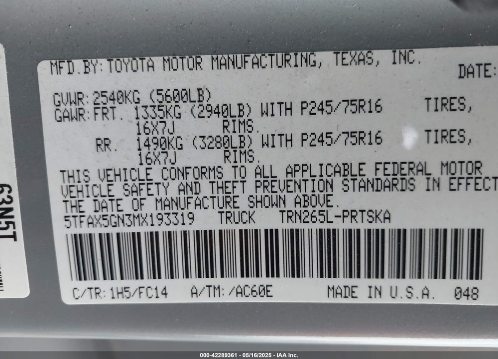 2021 TOYOTA TACOMA VIN: 5TFAX5GN3MX193319