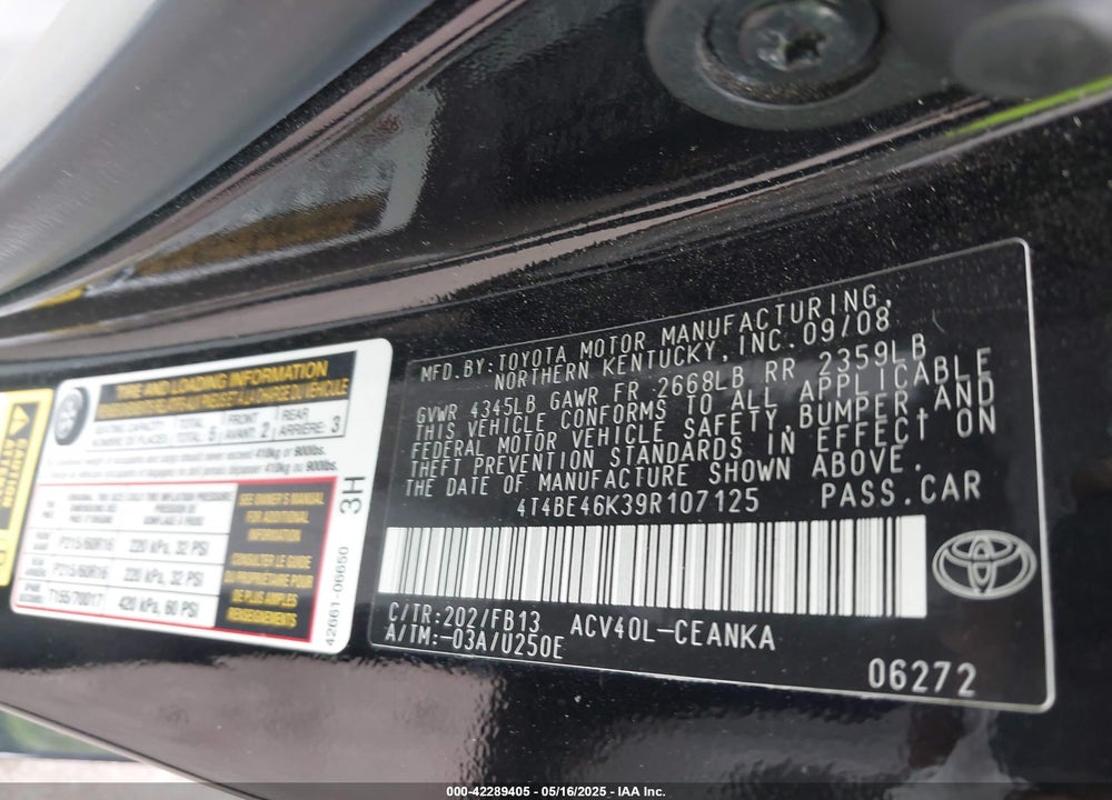 2009 TOYOTA CAMRY VIN: 4T4BE46K39R107125