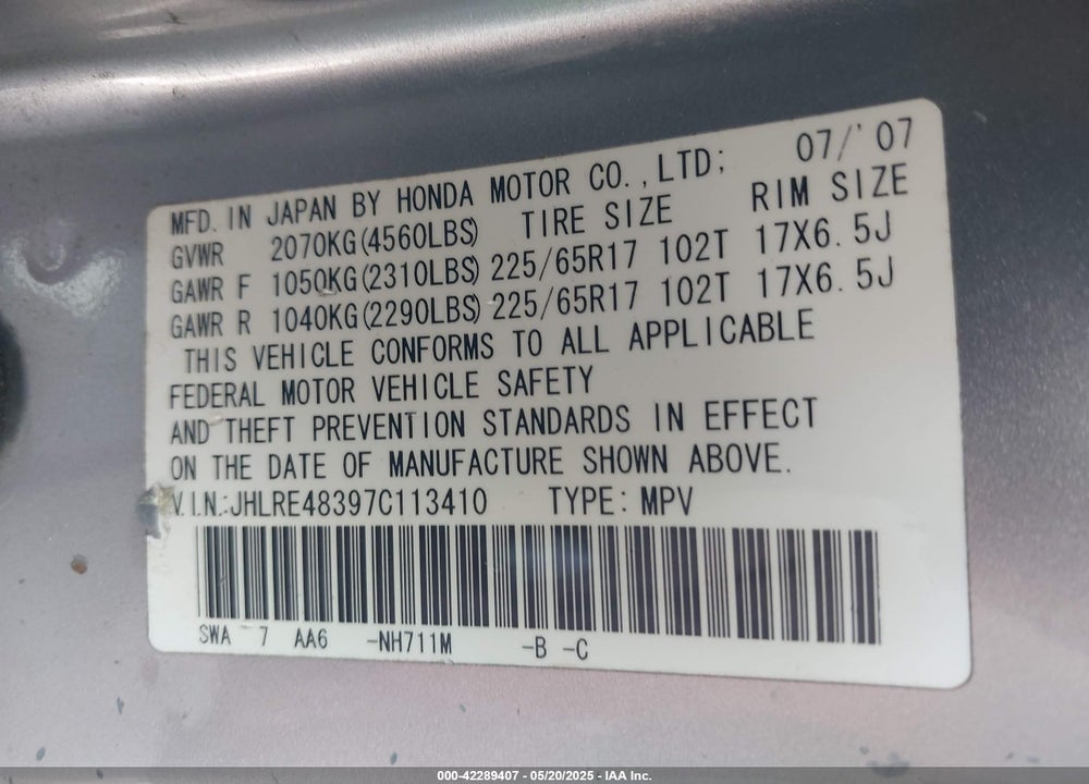 2007 HONDA CR-V LX VIN: JHLRE48397C113410