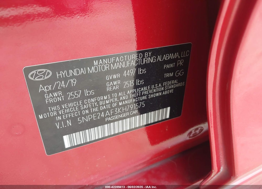2019 HYUNDAI SONATA VIN: 5NPE24AF3KH791575