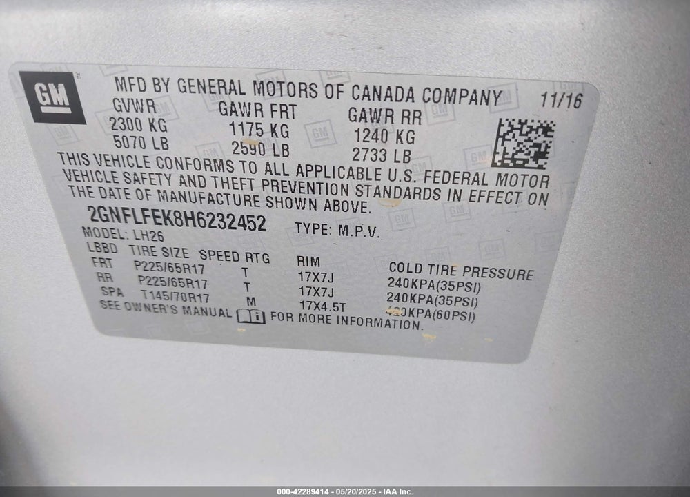 2017 CHEVROLET EQUINOX VIN: 2GNFLFEK8H6232452
