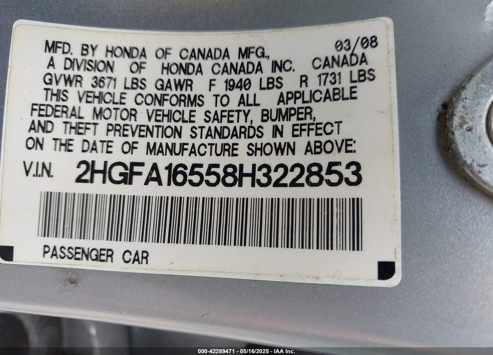 2008 HONDA CIVIC VIN: 2HGFA16558H322853