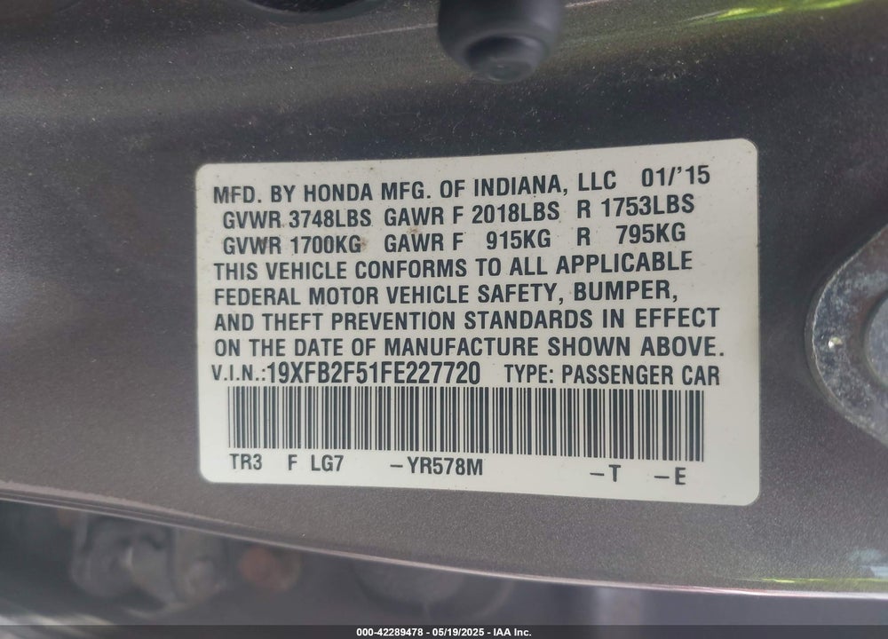 2015 HONDA CIVIC VIN: 19XFB2F51FE227720