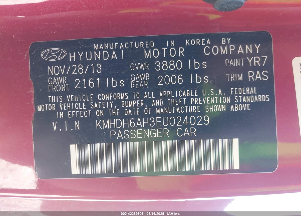 2014 HYUNDAI ELANTRA VIN: KMHDH6AH3EU024029