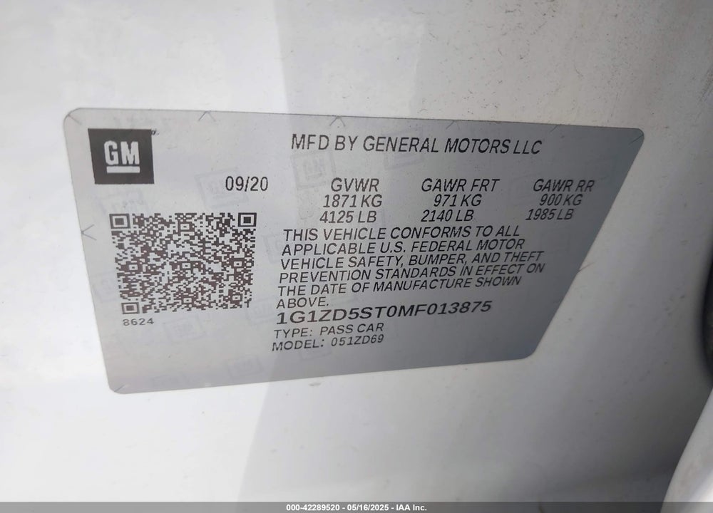 2021 CHEVROLET MALIBU VIN: 1G1ZD5ST0MF013875