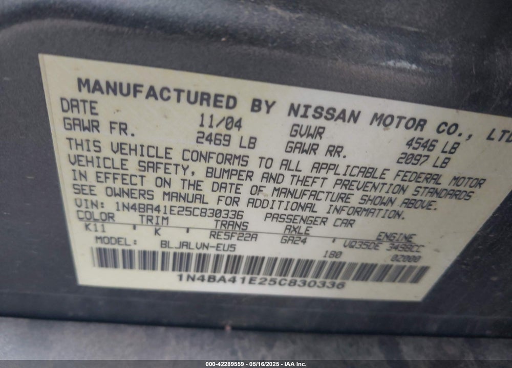 2005 NISSAN MAXIMA 3.5 SE VIN: 1N4BA41E25C830336