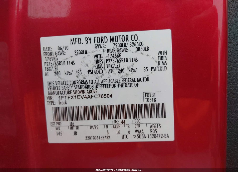 2010 FORD F-150 VIN: 1FTFX1EV4AFC76504