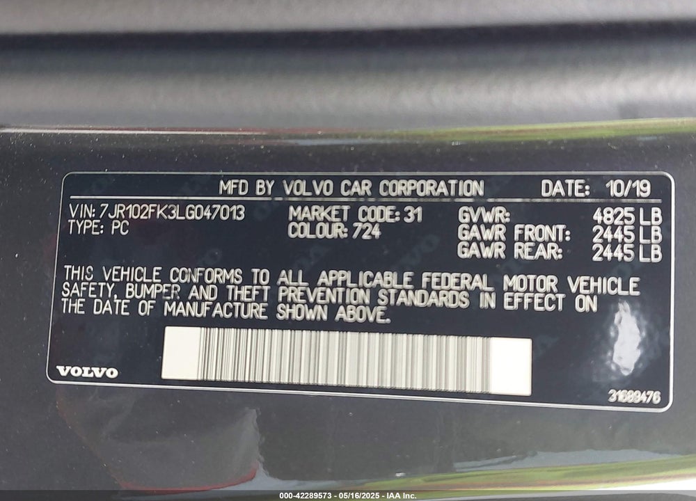 2020 VOLVO S60 VIN: 7JR102FK3LG047013